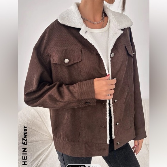 SHEIN Medium Teddy Lined Drop Shoulder Corduroy Jacket Coffee Brown Sherpa - Picture 4 of 8